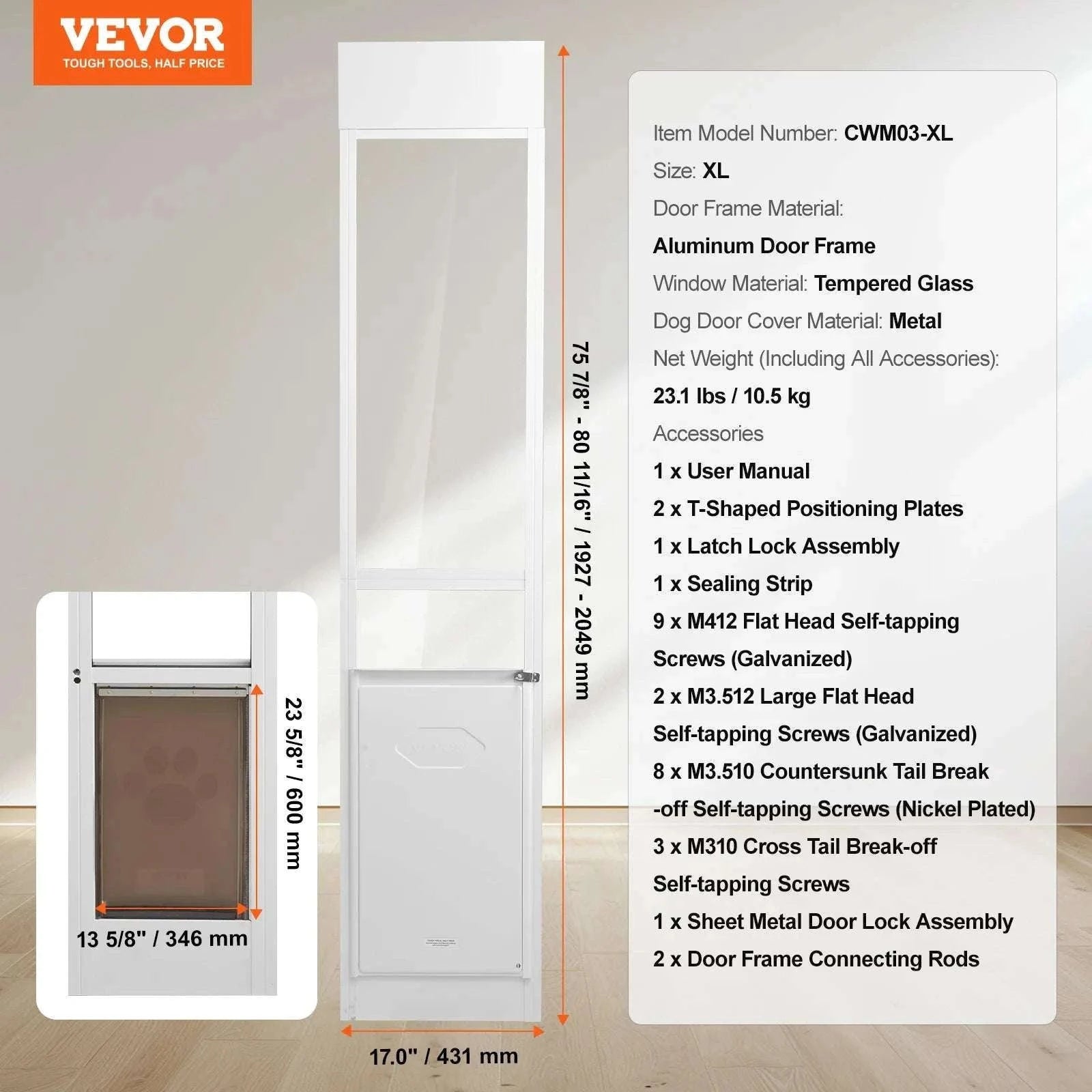 Adjustable Sliding Glass Dog Door with Lock & Tempered Glass Panel-M Size / france