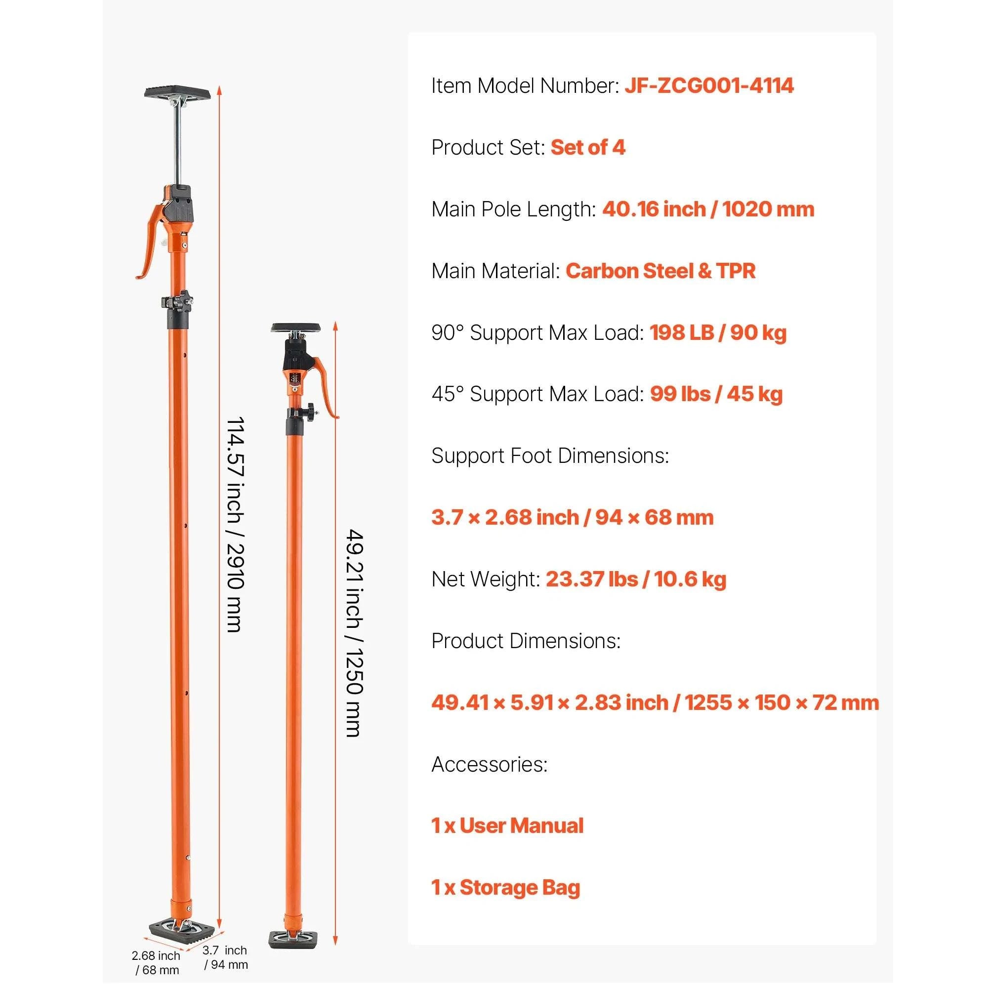 Adjustable Support Pole Jack 49–114in for Drywall & Cabinet Lifting-2pcs / United States