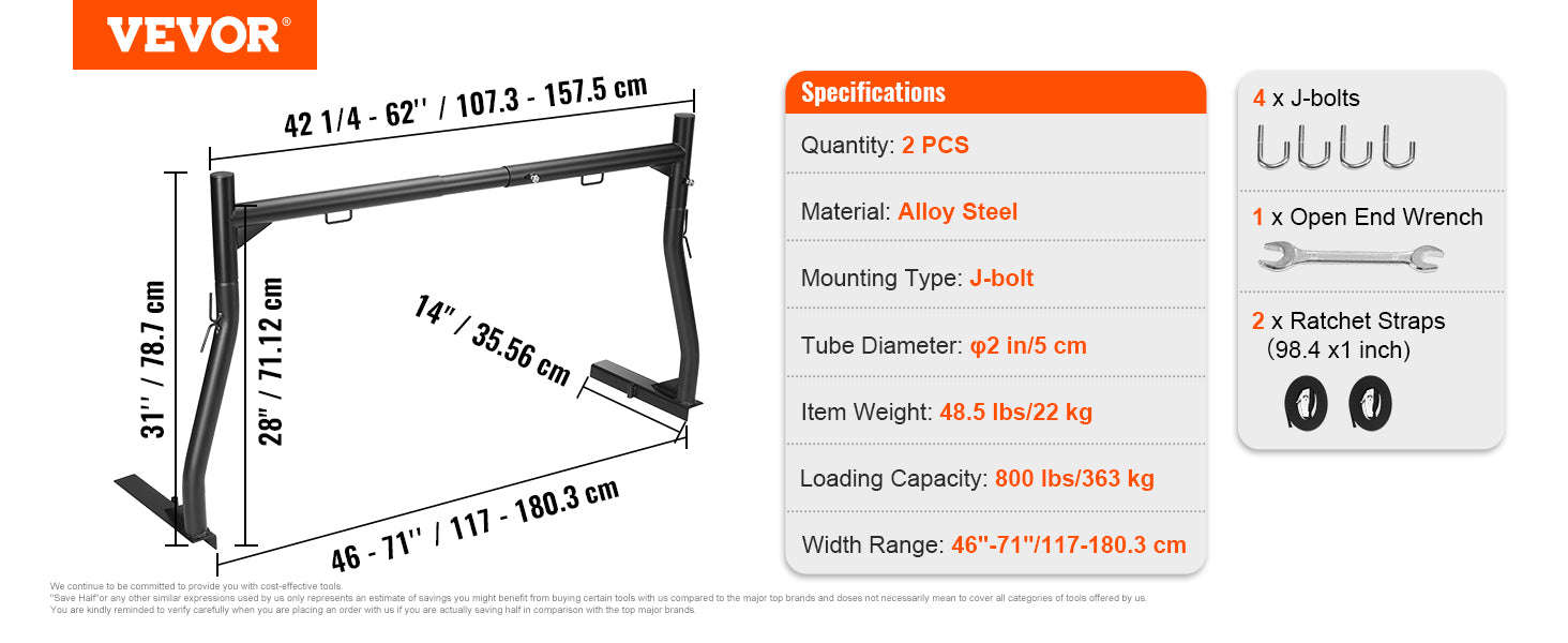 Adjustable Truck Ladder Rack 46-71 in 800 lbs Capacity Steel-31 inch / United States