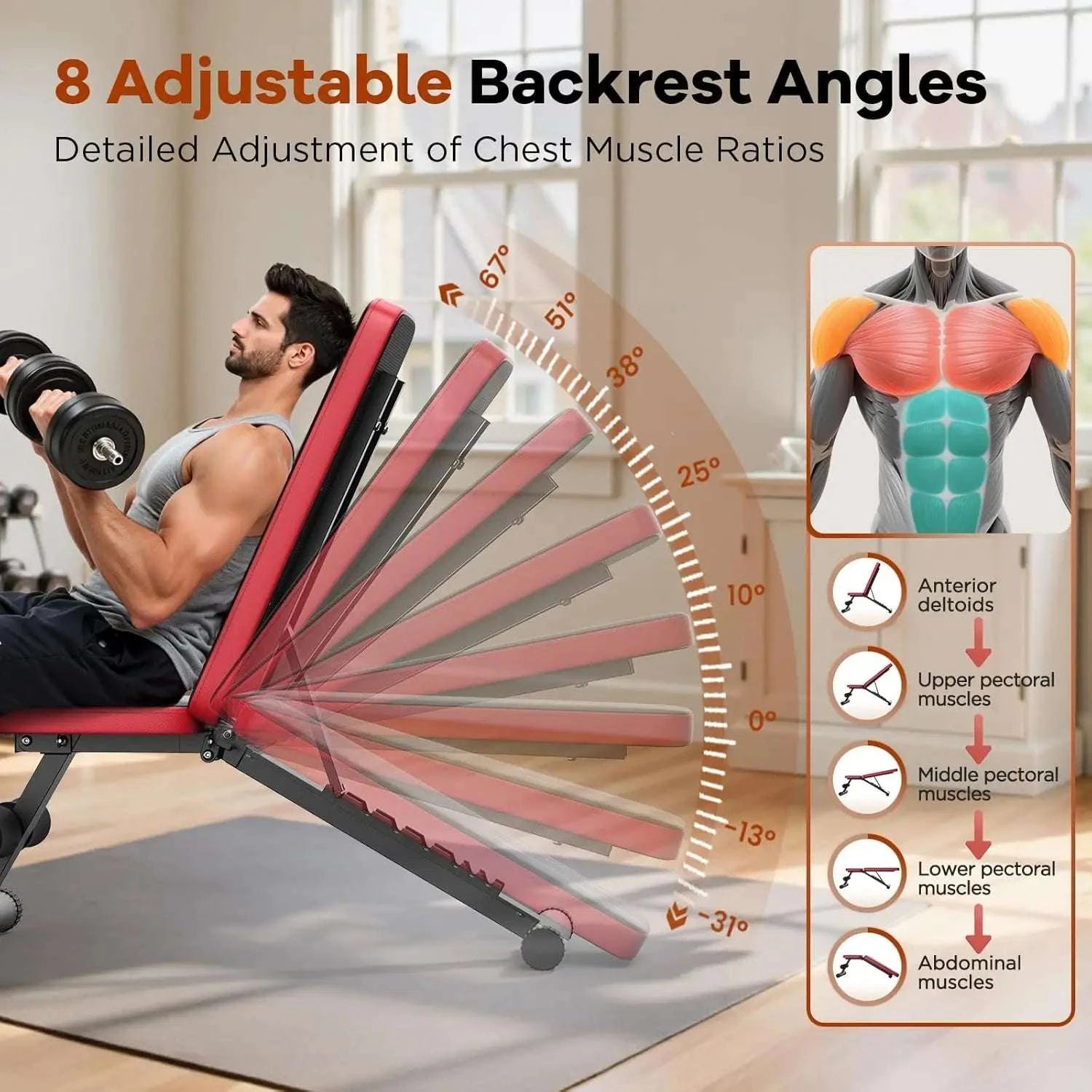 Adjustable Weight Bench with 8 Angles & 660LB Capacity for Home Gym-Black / United States