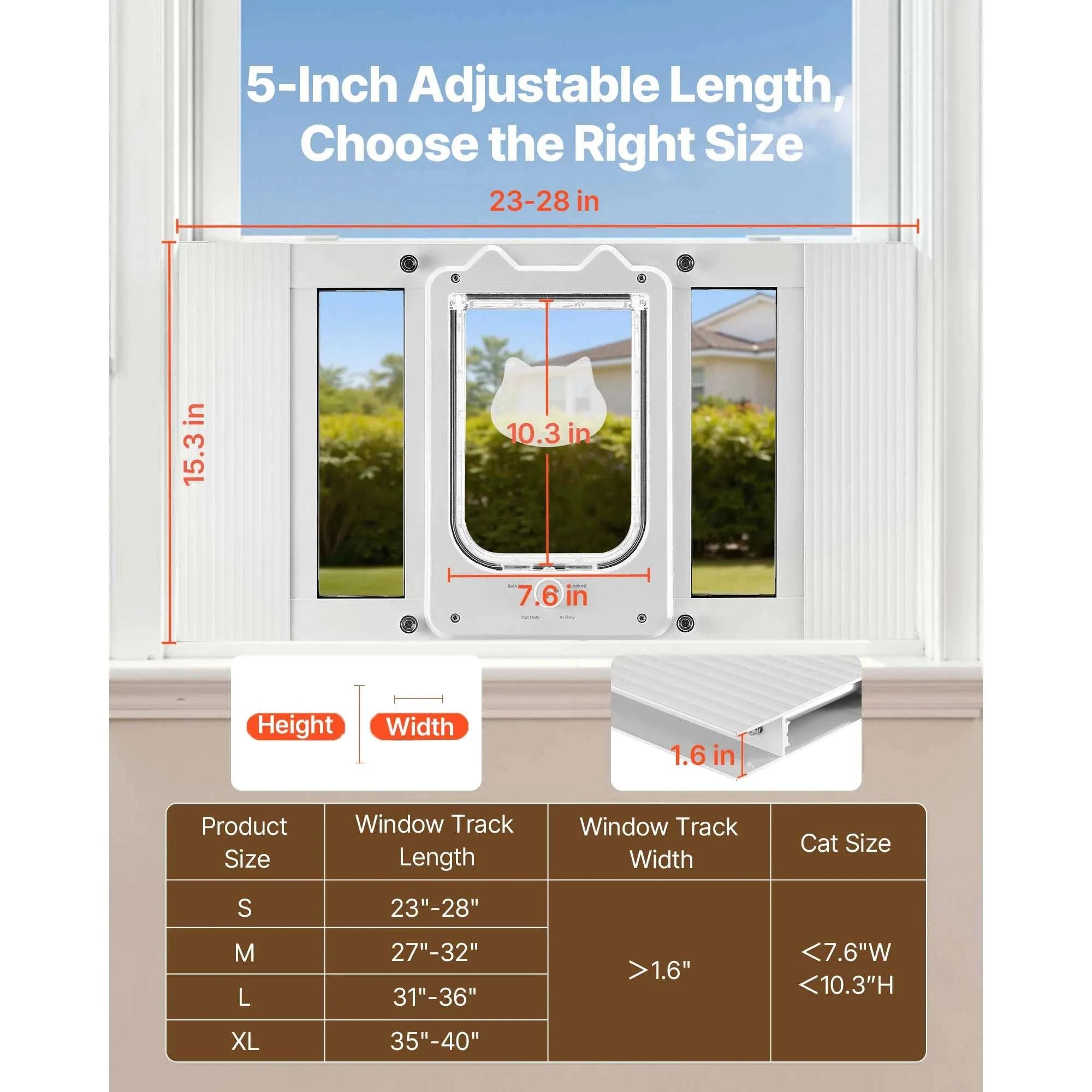 Adjustable Window Cat Door with 4 Lock Modes, 23–28 Inch Fit-15inch / United States