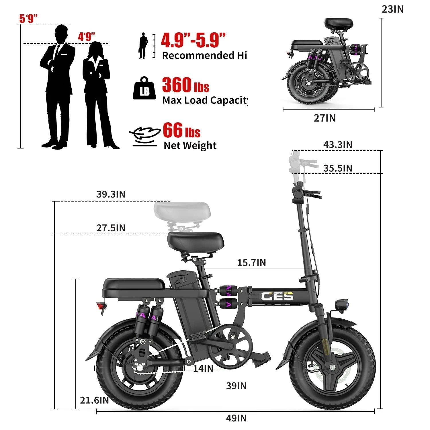 Adults Folding Electric Bike 500W 48V 15Ah 14 Inch-15AH Black / United States