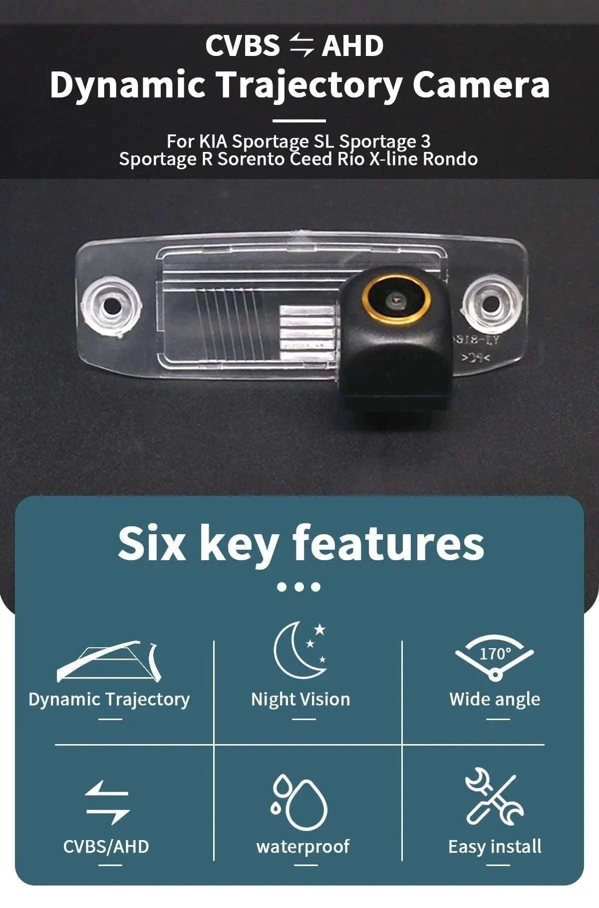 AHD Reverse Camera with Dynamic Trajectory for Kia Models-CVBS-AHD / 12 V