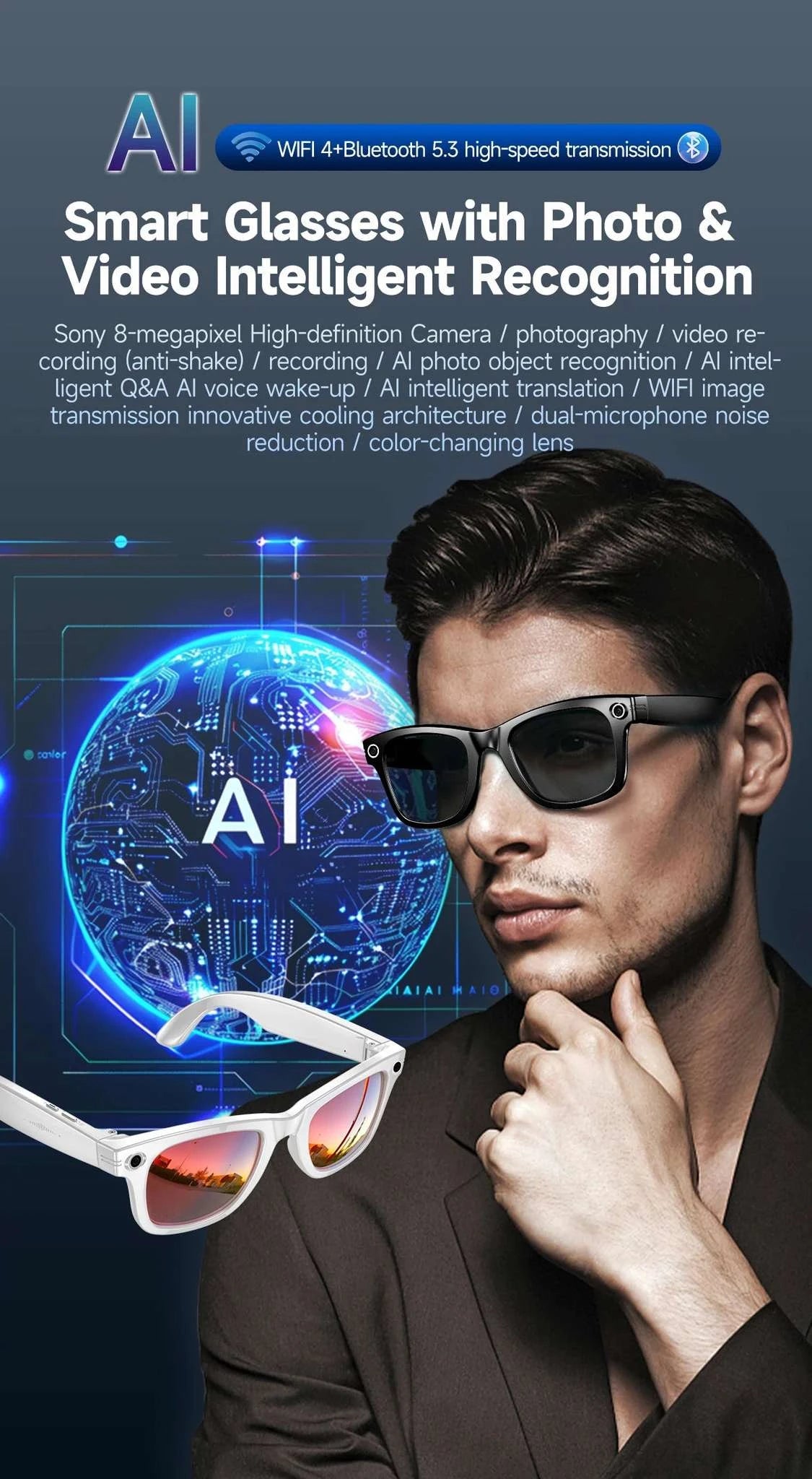 AI Smart Glasses with Camera, Calls, Music & Translation-Red coating