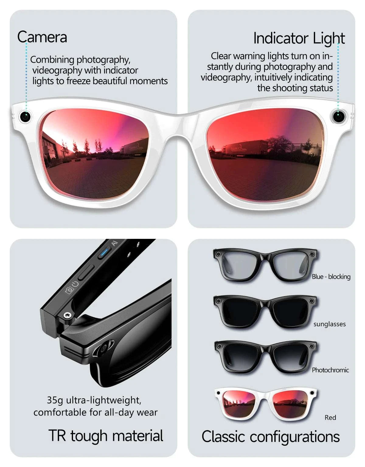 AI Smart Glasses with Camera, Calls, Music & Translation-Red coating