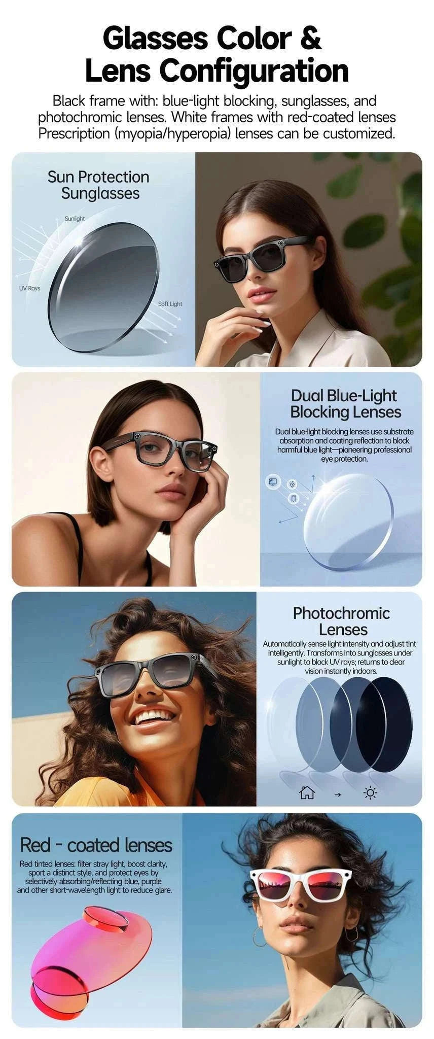AI Smart Glasses with Camera, Calls, Music & Translation-Red coating