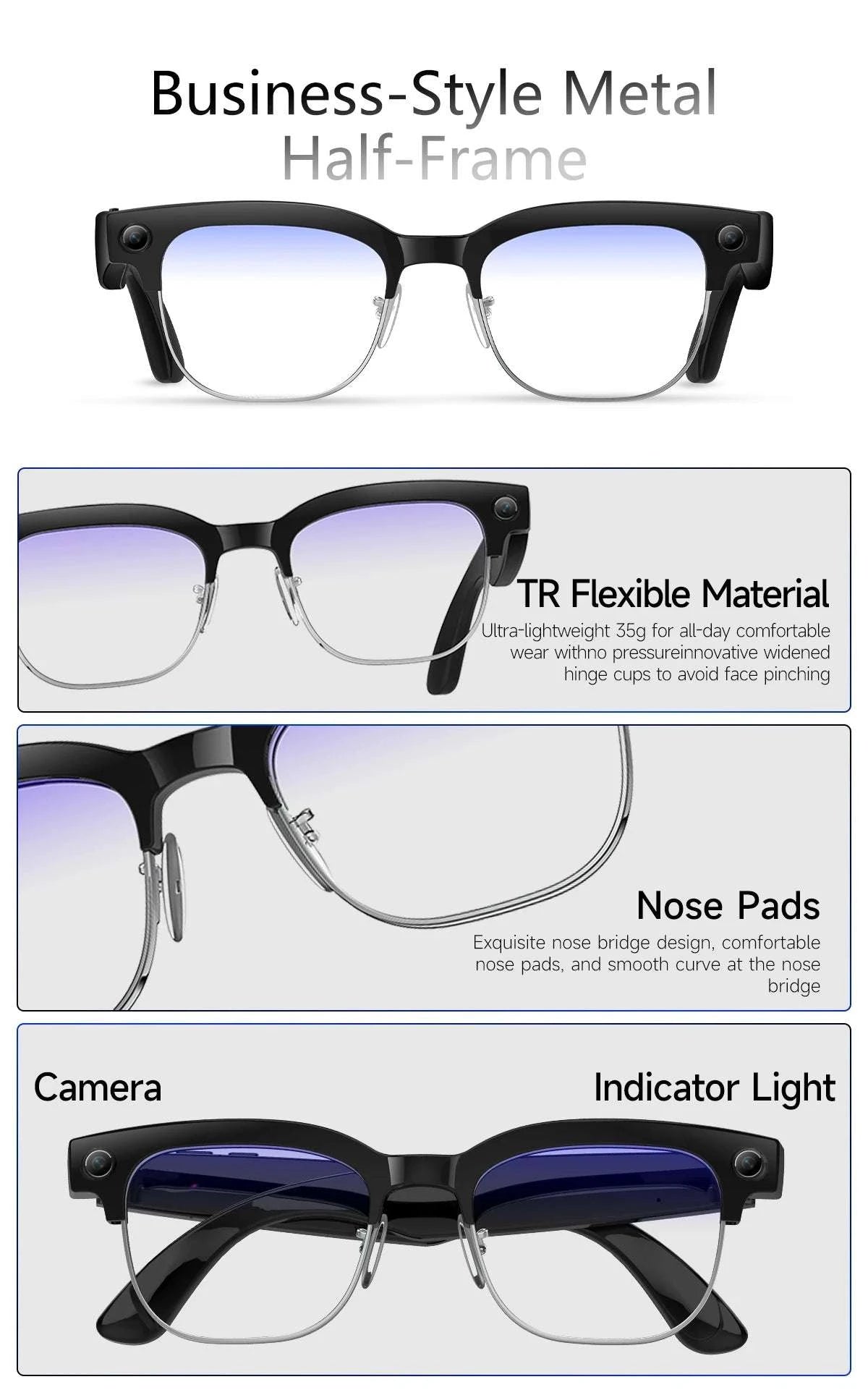AI Smart Glasses with Camera, Calls, Translation & Audio-Change color