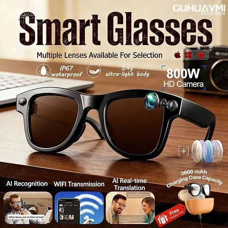 AI Smart Glasses with Camera, Translation & Bluetooth Audio-Black Color change A / CN