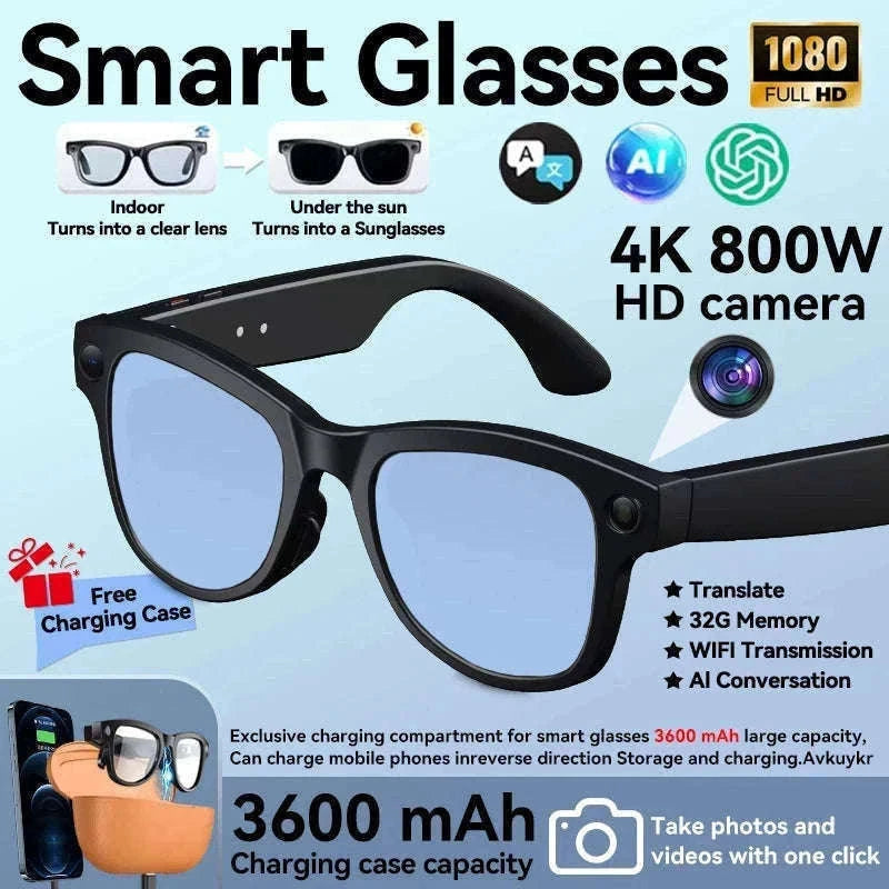 AI Smart Glasses with Camera, Translation & Bluetooth Audio-Black Color change A / CN