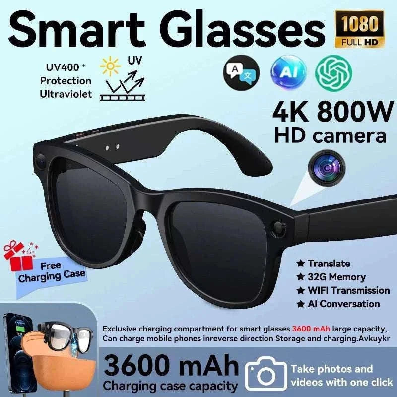 AI Smart Glasses with Camera, Translation & Bluetooth Audio-Black Color change A / CN