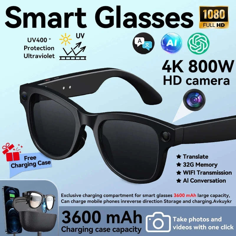 AI Smart Glasses with Camera, Translation & Bluetooth Audio-Black Color change A / CN