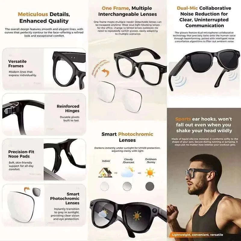 AI Smart Glasses with Camera, Translation & Bluetooth Audio-Black Color change A / CN
