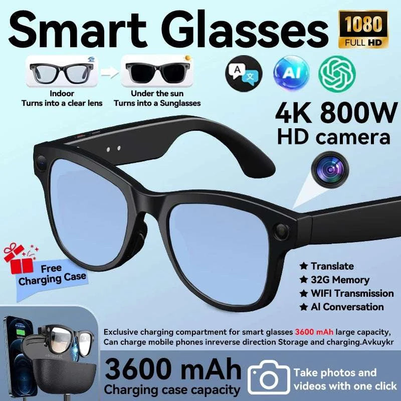 AI Smart Glasses with Camera, Translation & Bluetooth Audio-Black Color change A / CN