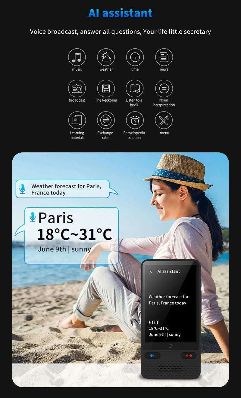 AI Voice Translator Device with Real-Time Two-Way Language Translation-Black / China Mainland