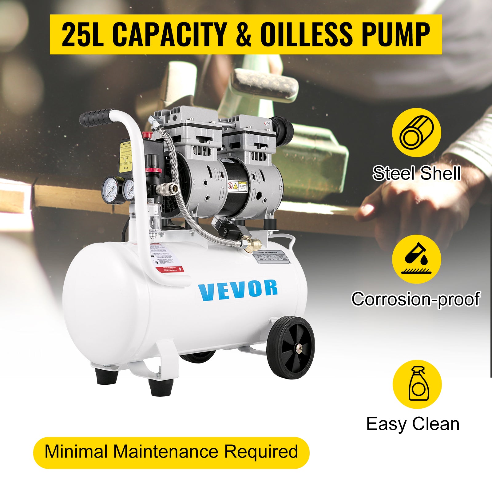 Bezolejový tichý vzduchový kompresor 750W 1HP 25L/60L pro domácnost a garáž