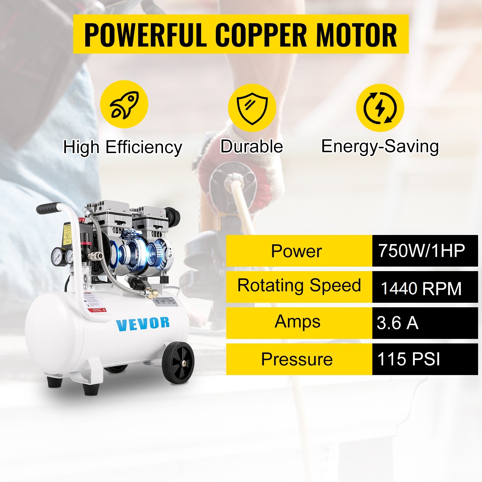 Bezolejový tichý vzduchový kompresor 750W 1HP 25L/60L pro domácnost a garáž