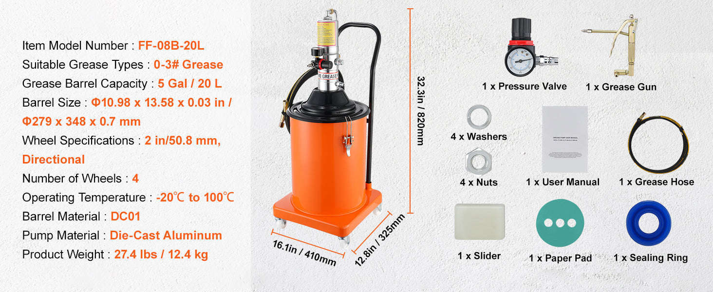 Air Operated Grease Pump with Hose and Wheels, 50:1 Ratio-3 Gal / Germany