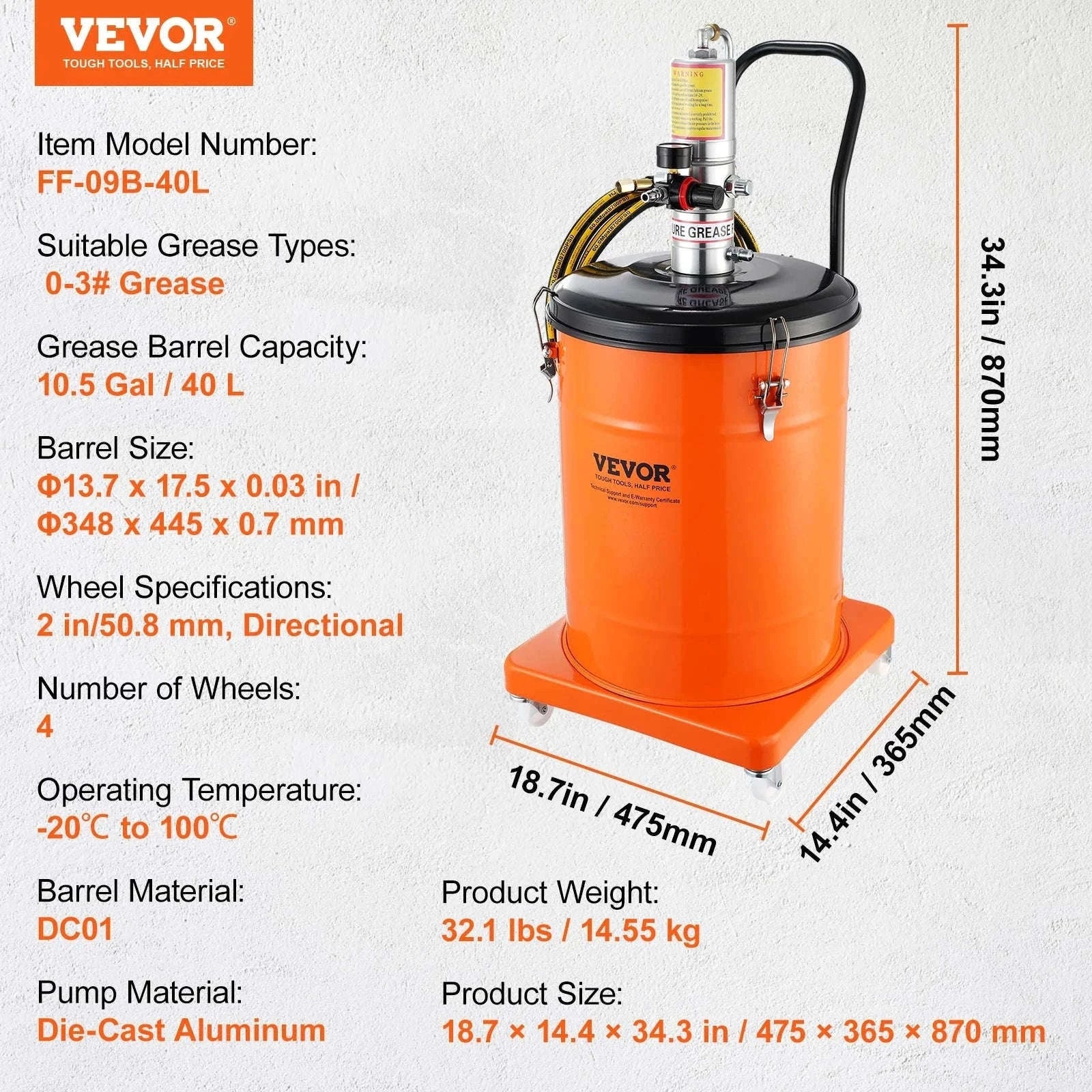 Air Operated Grease Pump with Hose and Wheels, 50:1 Ratio-3 Gal / Germany