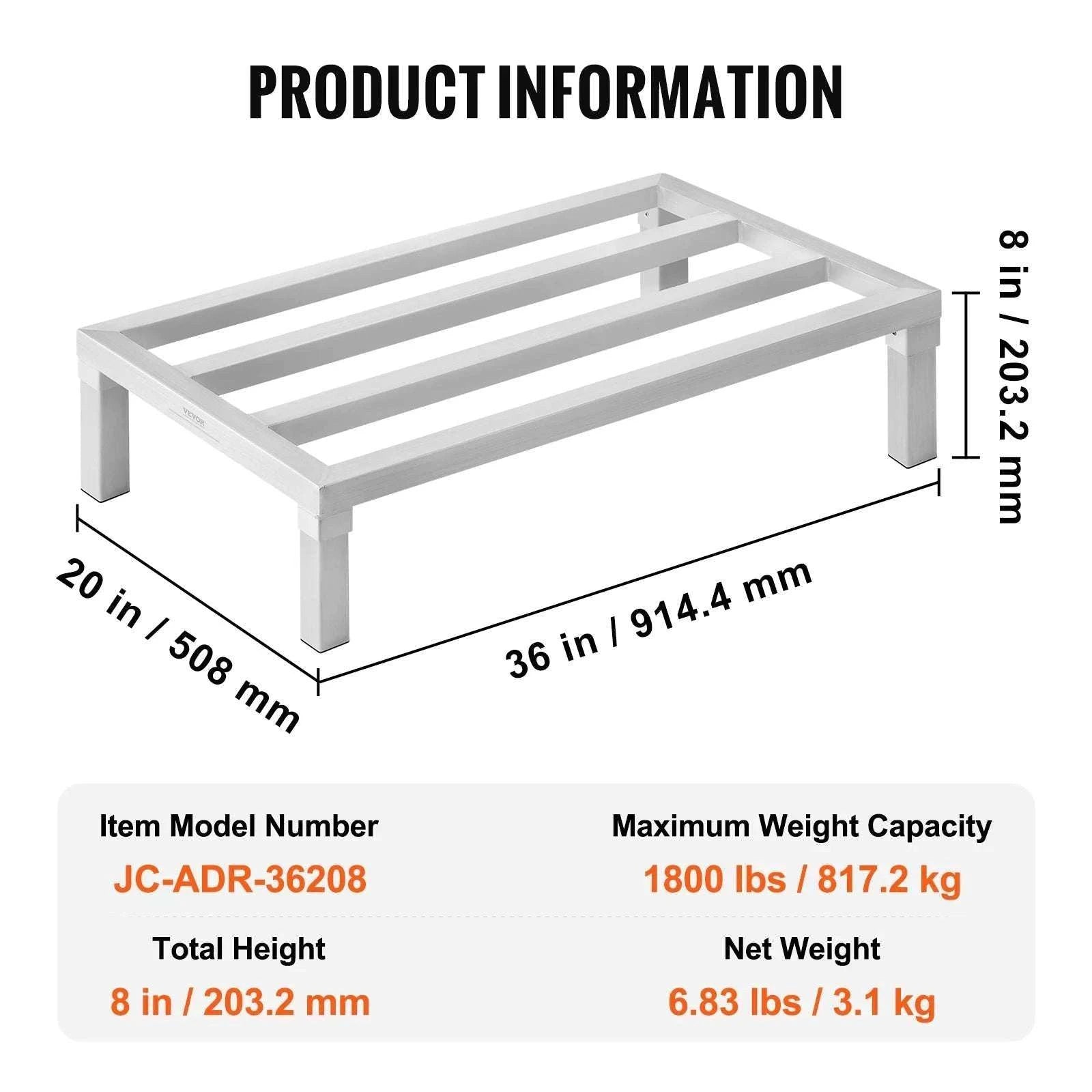 Aluminum Dunnage Rack 1800 lb Capacity 8" Floor Storage Shelf-48x20x8 in / United States