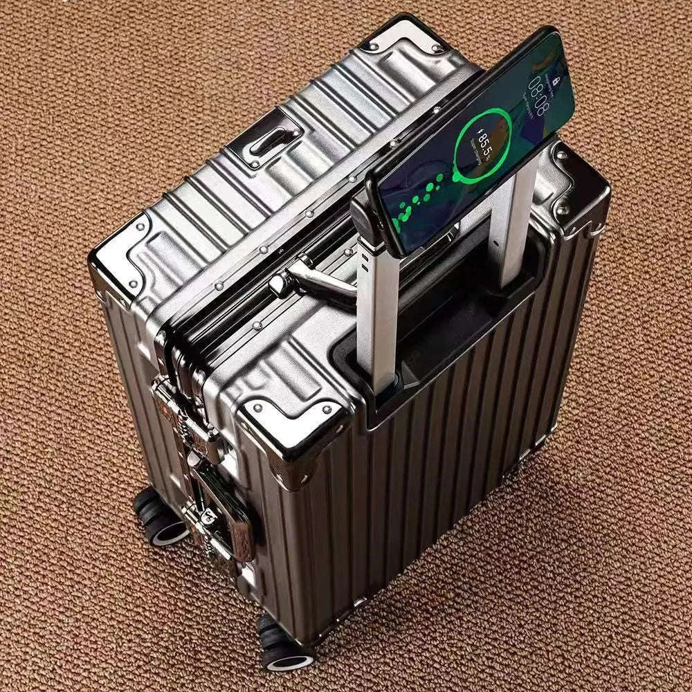 Aluminum Frame Suitcase with Silent All-Terrain Wheels and Cup Holder-Blue / 22 inches / United States