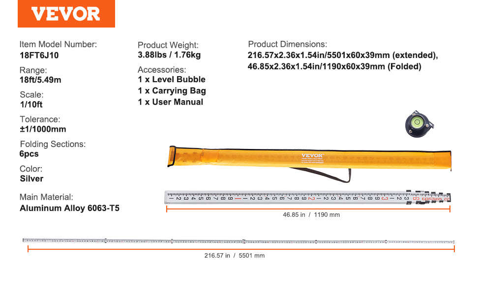 Aluminum Grade Rod Double-Sided Scale with Bubble Level and Carrying Bag-20ft 10ths / United States