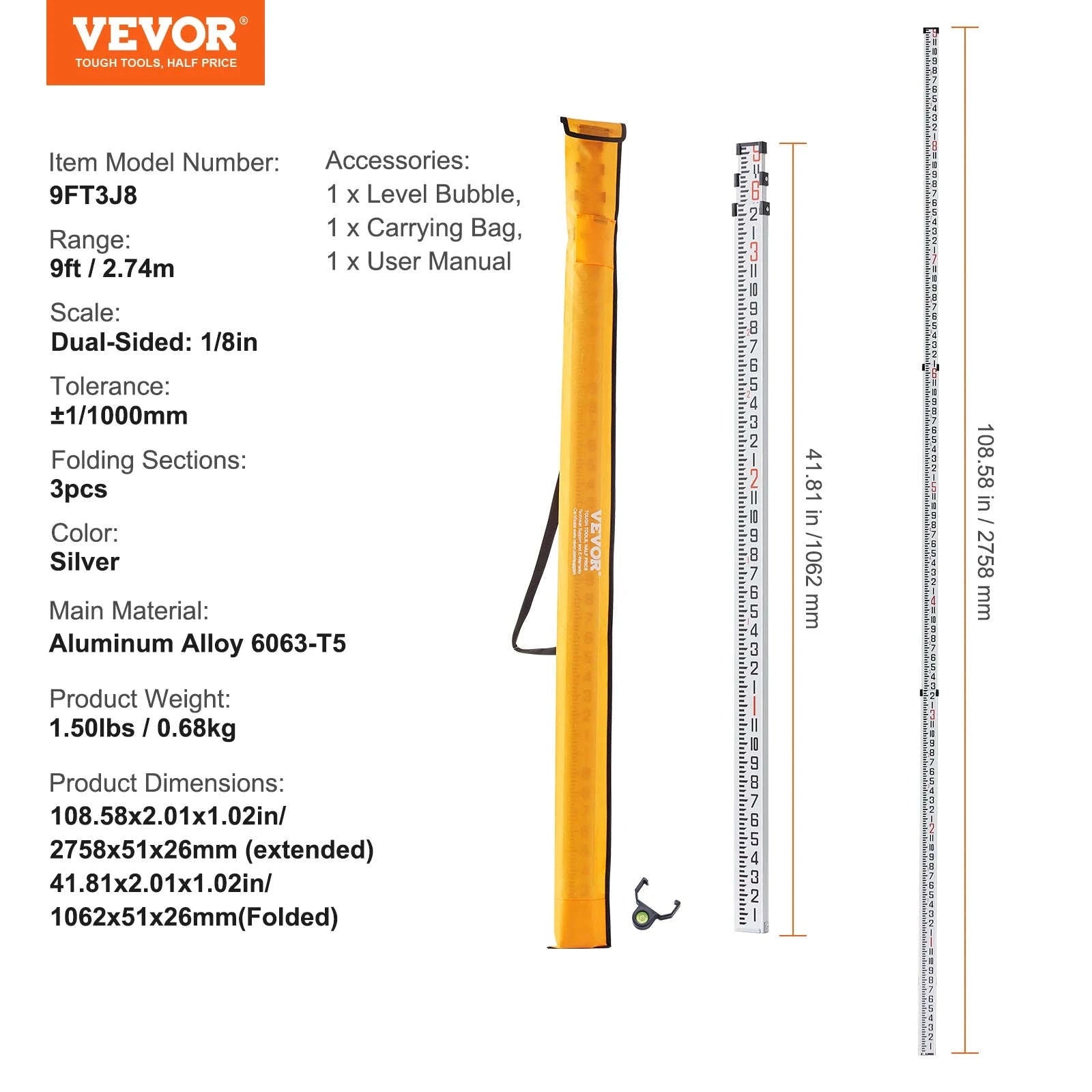 Aluminum Grade Rod Double-Sided Scale with Bubble Level and Carrying Bag-20ft 10ths / United States