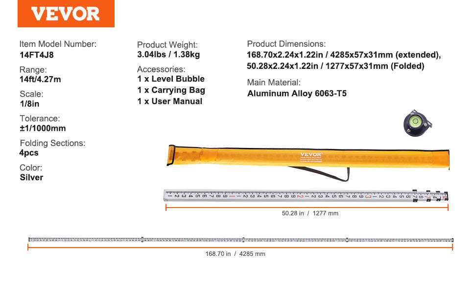 Aluminum Grade Rod Double-Sided Scale with Bubble Level and Carrying Bag-20ft 10ths / United States