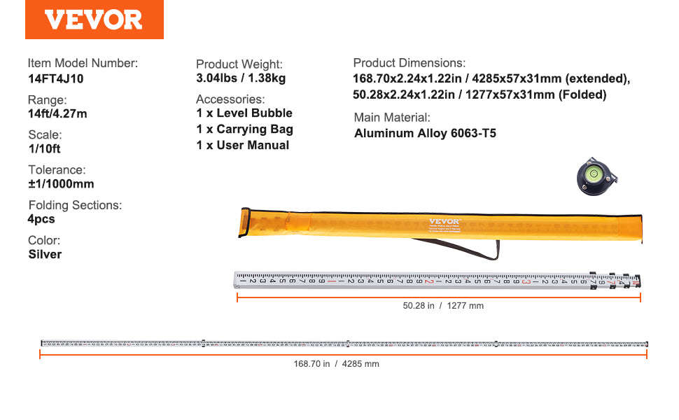 Aluminum Grade Rod Double-Sided Scale with Bubble Level and Carrying Bag-20ft 10ths / United States