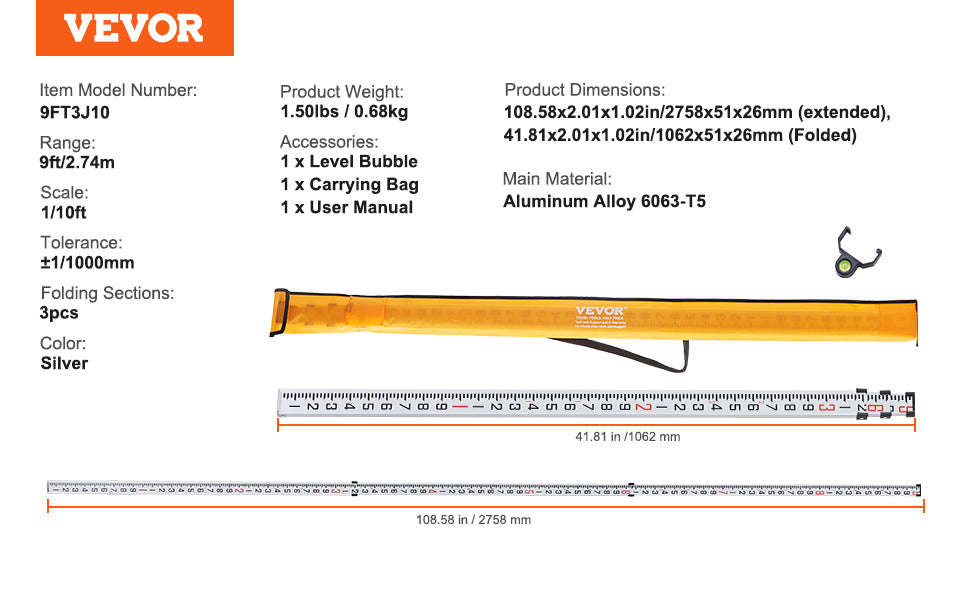 Aluminum Grade Rod Double-Sided Scale with Bubble Level and Carrying Bag-20ft 10ths / United States