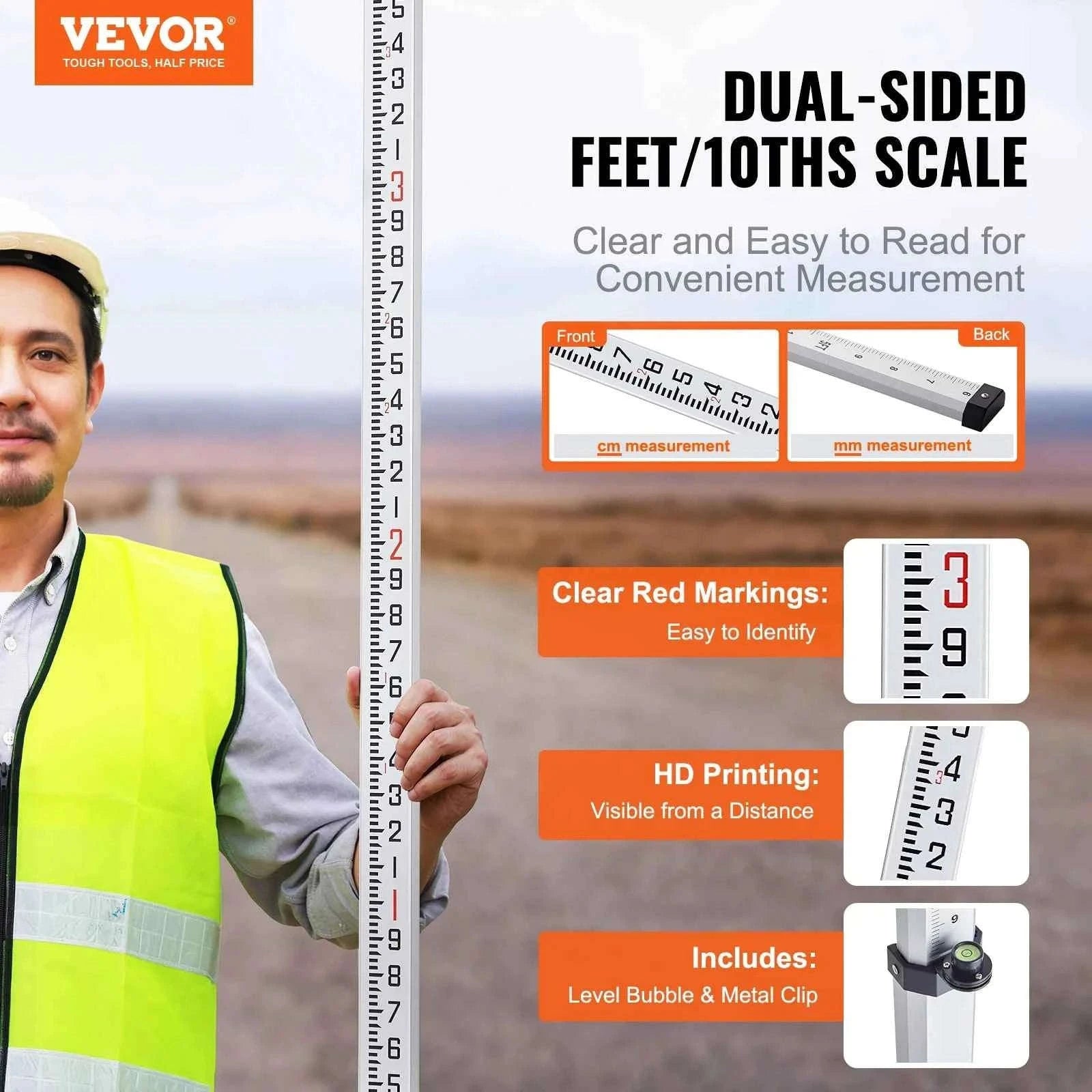 Aluminum Grade Rod Double-Sided Scale with Bubble Level and Carrying Bag-20ft 10ths / United States