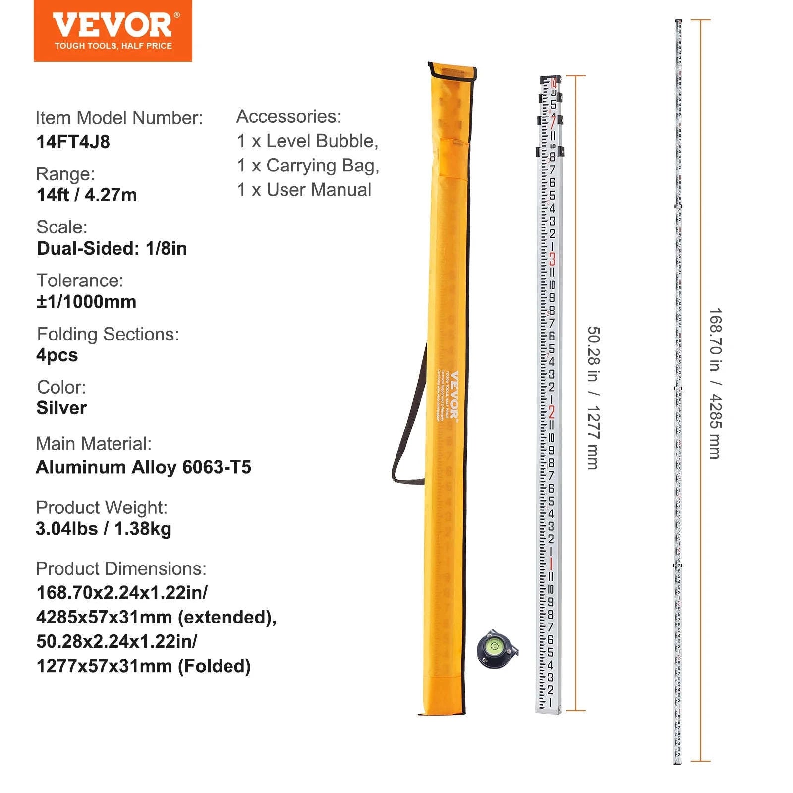 Aluminum Grade Rod Double-Sided Scale with Bubble Level and Carrying Bag-20ft 10ths / United States