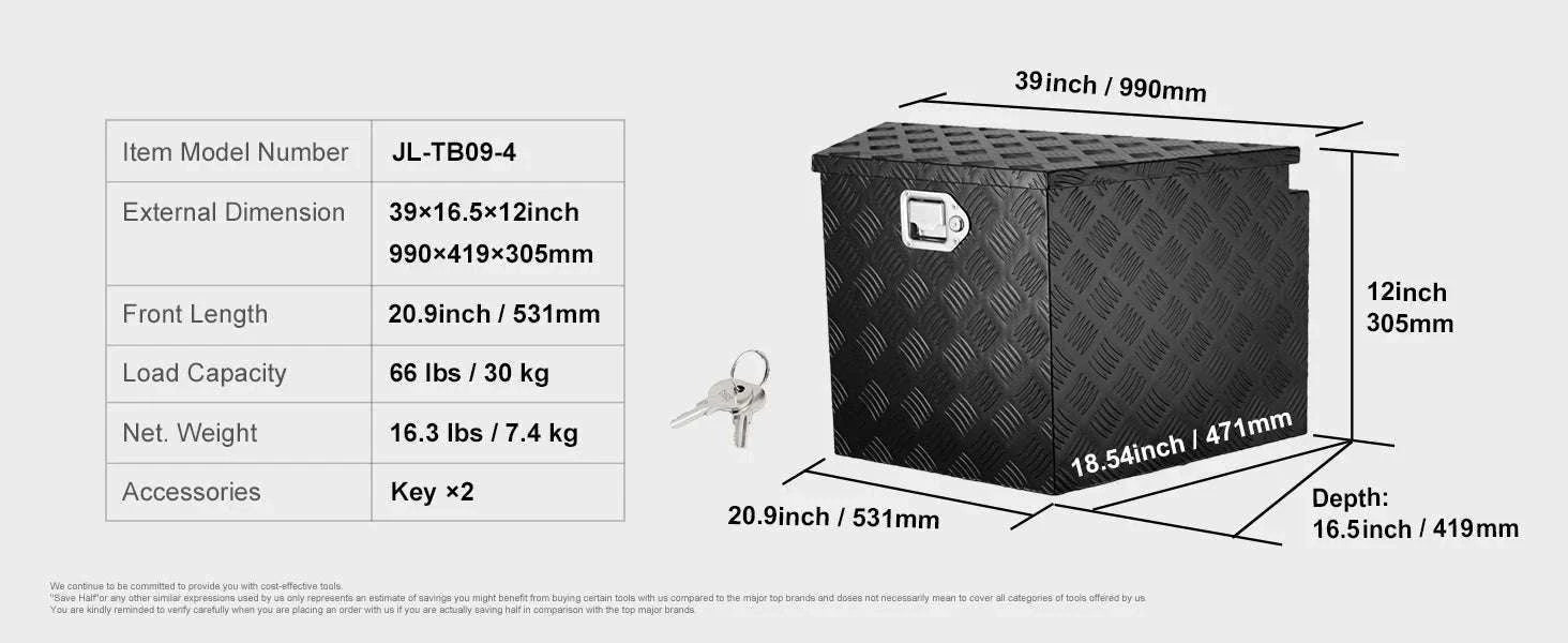 Aluminum Trailer Tongue Tool Box 33" Heavy Duty Storage Chest-36x12x12inch / United States