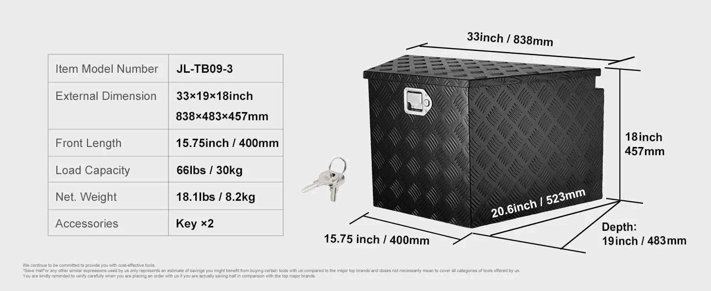 Aluminum Trailer Tongue Tool Box 33" Heavy Duty Storage Chest-36x12x12inch / United States