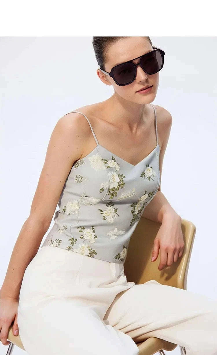 Amii Jacquard Floral Sling Vest Waist-Cinching Sleeveless Top-Feather Grey / L