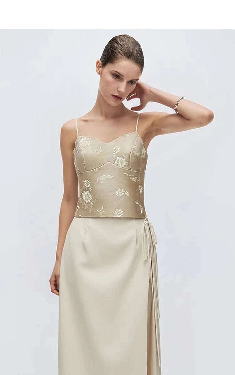 Amii Jacquard Floral Sling Vest Waist-Cinching Sleeveless Top-Feather Grey / L
