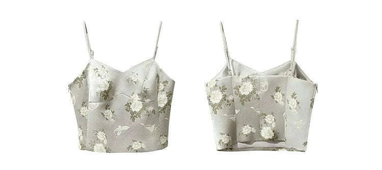 Amii Jacquard Floral Sling Vest Waist-Cinching Sleeveless Top-Feather Grey / L