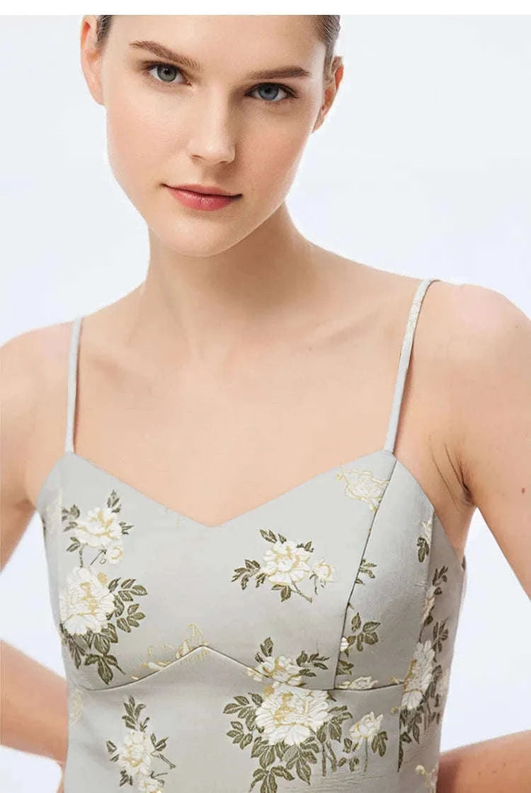 Amii Jacquard Floral Sling Vest Waist-Cinching Sleeveless Top-Feather Grey / L