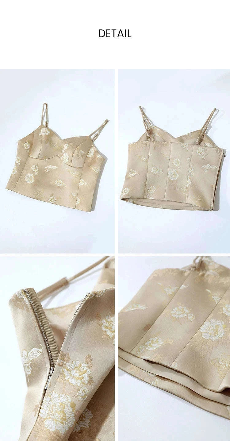 Amii Jacquard Floral Sling Vest Waist-Cinching Sleeveless Top-Feather Grey / L