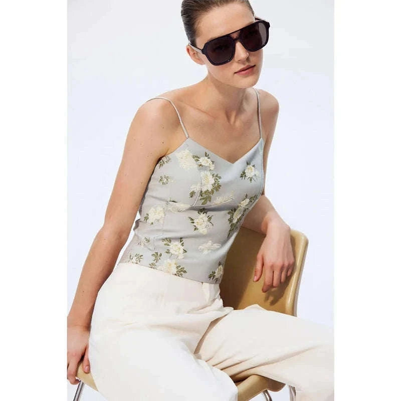 Amii Jacquard Floral Sling Vest Waist-Cinching Sleeveless Top-Feather Grey / L