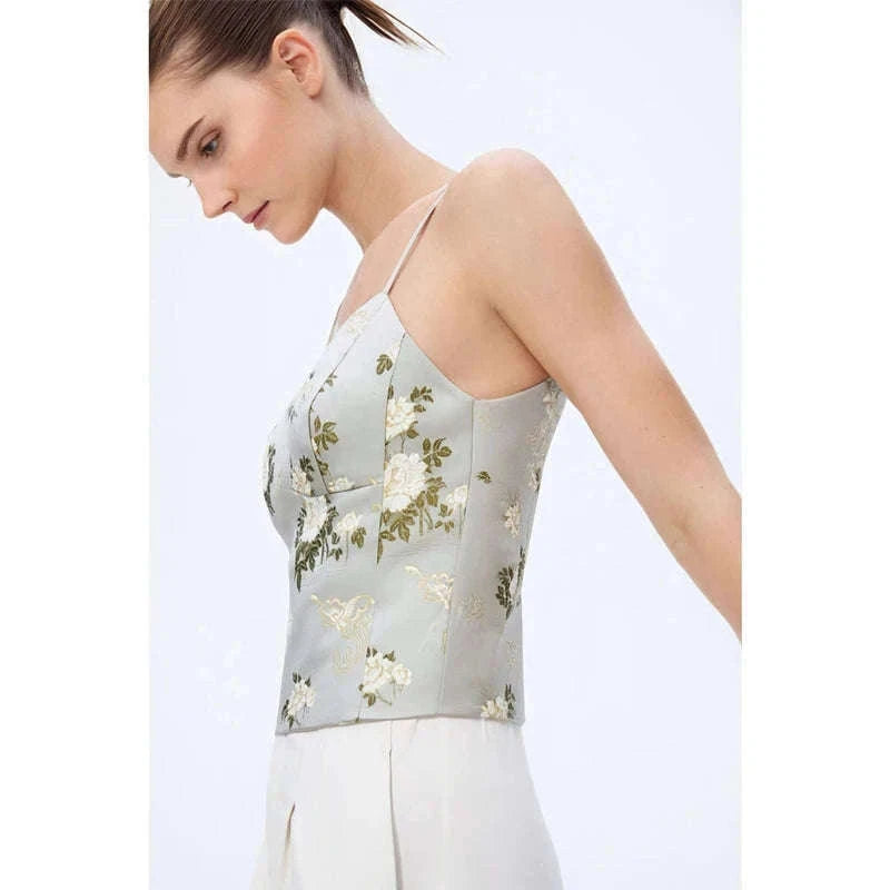 Amii Jacquard Floral Sling Vest Waist-Cinching Sleeveless Top-Feather Grey / L