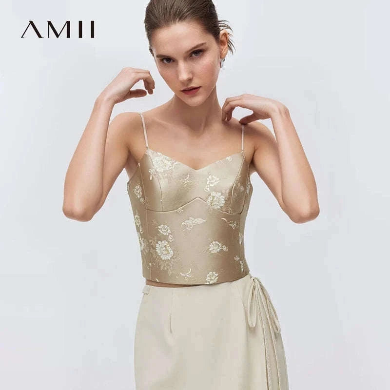 Amii Jacquard Floral Sling Vest Waist-Cinching Sleeveless Top-Feather Grey / L