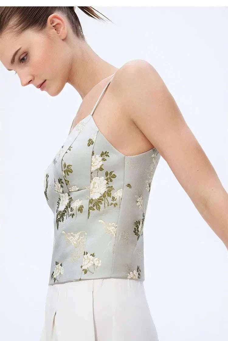 Amii Jacquard Floral Sling Vest Waist-Cinching Sleeveless Top-Feather Grey / L