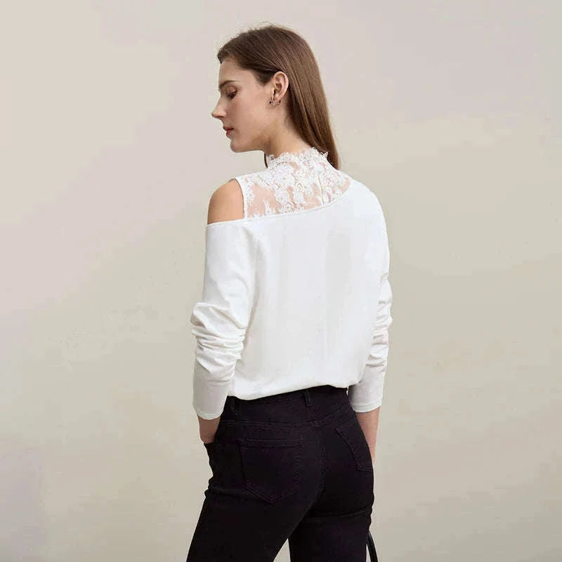 AMII Women’s Cotton Lace Off-Shoulder Long Sleeve T-Shirt Loose Fit-Black / S