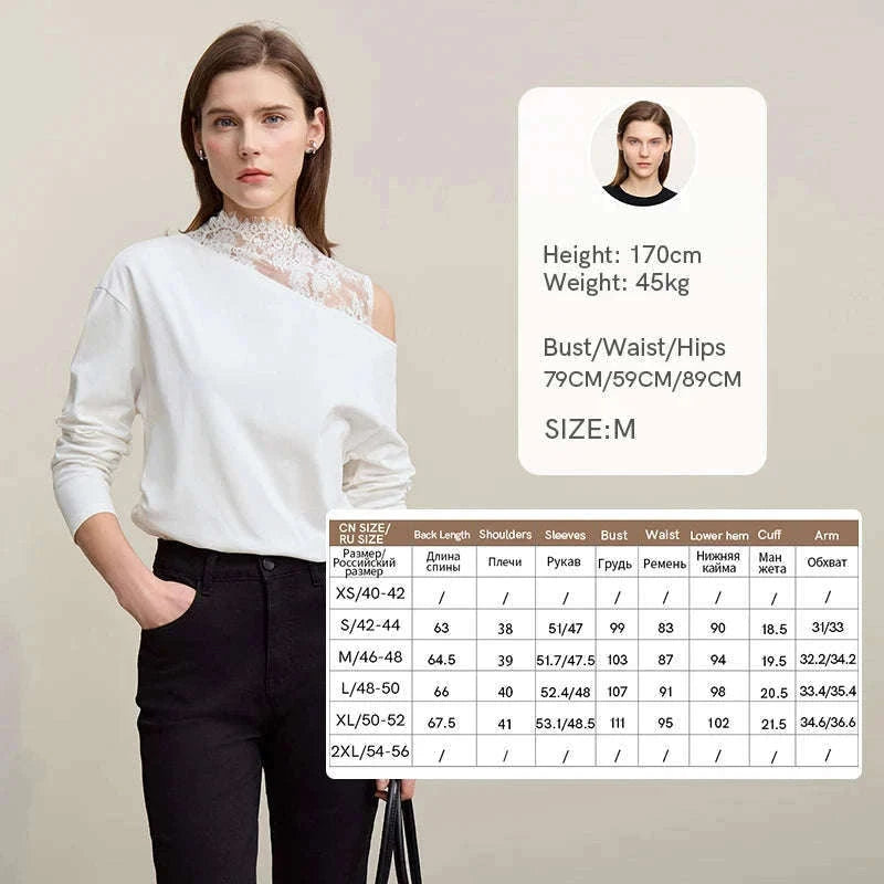 AMII Women’s Cotton Lace Off-Shoulder Long Sleeve T-Shirt Loose Fit-Black / S