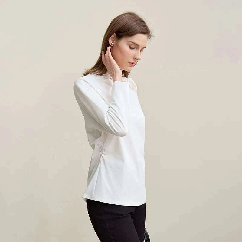 AMII Women’s Cotton Lace Off-Shoulder Long Sleeve T-Shirt Loose Fit-Black / S