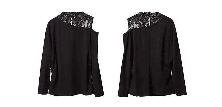 AMII Women’s Cotton Lace Off-Shoulder Long Sleeve T-Shirt Loose Fit-Black / S