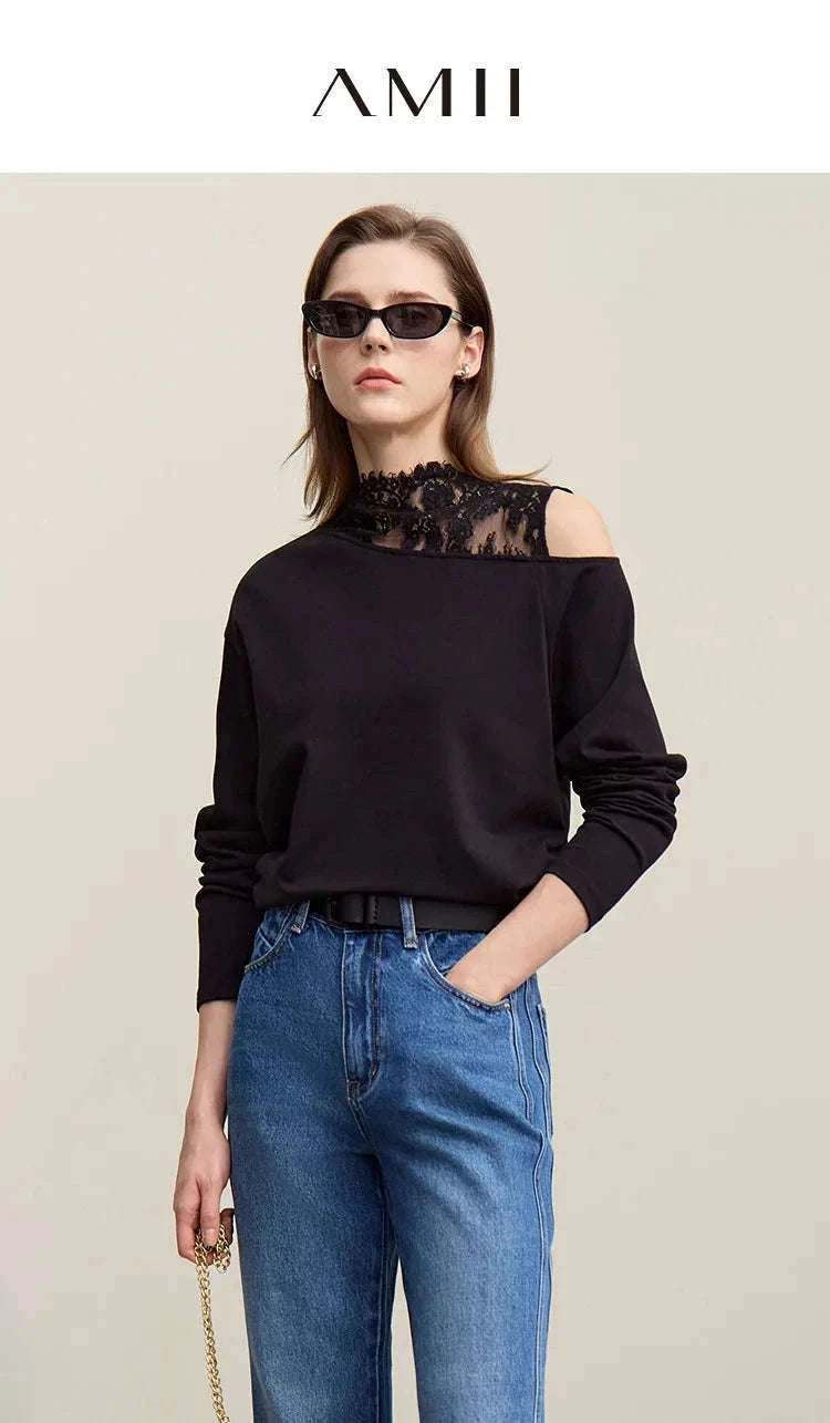 AMII Women’s Cotton Lace Off-Shoulder Long Sleeve T-Shirt Loose Fit-Black / S