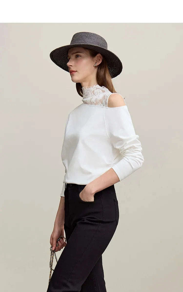 AMII Women’s Cotton Lace Off-Shoulder Long Sleeve T-Shirt Loose Fit-Black / S