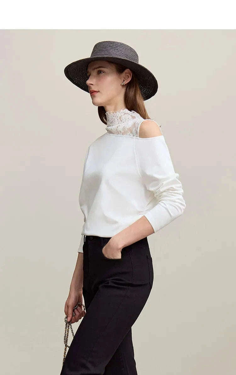 AMII Women’s Cotton Lace Off-Shoulder Long Sleeve T-Shirt Loose Fit-Black / S