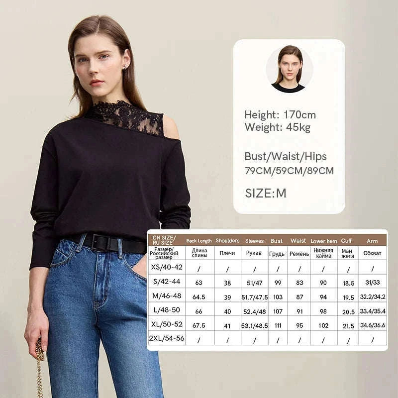 AMII Women’s Cotton Lace Off-Shoulder Long Sleeve T-Shirt Loose Fit-Black / S